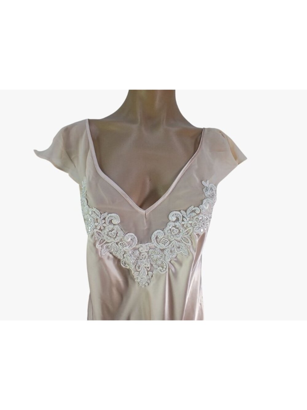 California Dynasty Satin Size L Pink Nightgown Lace Applique Sheer Flutter Sleev - Picture 4 of 10